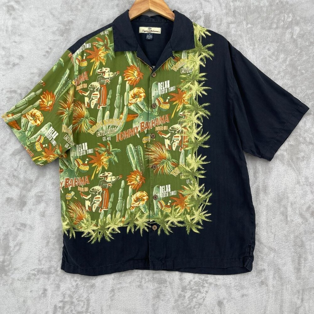 Tommy Bahama Cantina Cactus Print 100% Silk Short Sleeve Hawaiian Camp Shirt